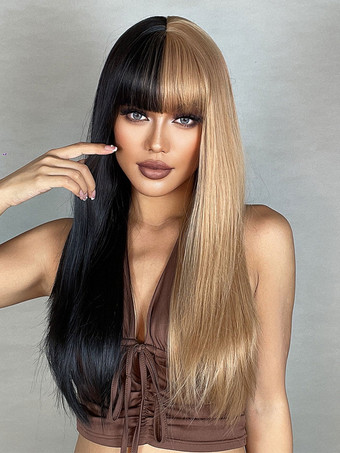 女性用ロングウィッグ 前髪/フリンジ付き スプリットカラー フェミニン レイヤード ロング 合成ウィッグ