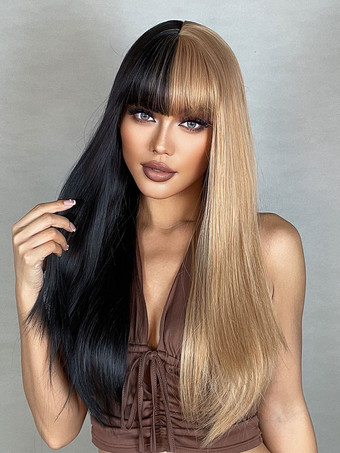 Long Wig For Woman Split Color With Bangs/Fringe Feminine Layered Long Synthetic Wigs