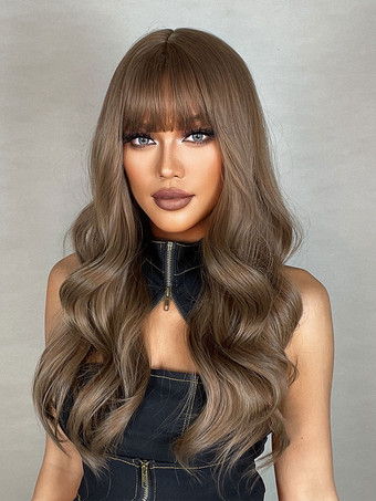 女性のためのロングウィッグディープブラウンカーリーエレガントなハイライトヘアロング合成かつら