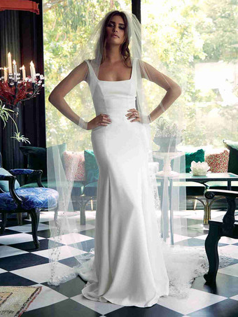 Vestido de Noiva Simples 2024 Tecido de Cetim Decote Quadrado Sem Mangas Vestidos de Noiva Sereia Personalização Grátis
