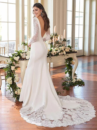 Vestido de novia simple 2026 Sirena Cuello cuadrado Manga larga Encaje Vestido de novia Personalización gratuita