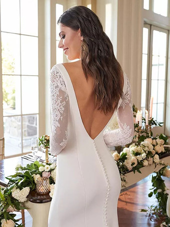 Vestido de novia simple 2026 Sirena Cuello cuadrado Manga larga Encaje Vestido de novia Personalización gratuita