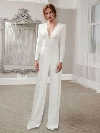 Ivory Bridal Jumpsuit Stretch Crepe Floor-Length A-Line V-Neck Long Sleeves Raised Waist Wedding Jumpsuit