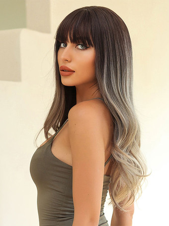 女性ロング ウィッグ オンブル カーリー エレガント ハイライト ヘア ロング 合成ウィッグ