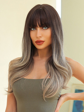 グラデーションカラー女性ロング ウィッグ オンブル カーリー エレガント ハイライト ヘア ロング 合成ウィッグ