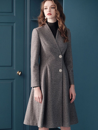 Abrigo cruzado gris para mujer con cuello en V ropa de abrigo cálida de invierno 2024