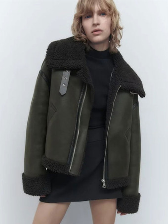 両面ジャケットダークグリーンモトジャケット女性の冬のアウターウェア