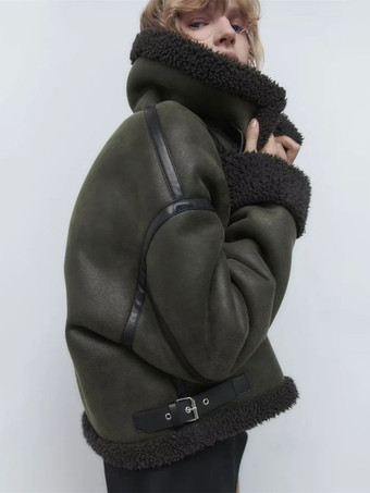 両面ジャケットダークグリーンモトジャケット女性の冬のアウターウェア