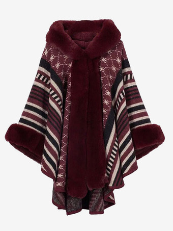 ワインレッド 女性ポンチョ フード付きケープ コート暖かい冬アウター