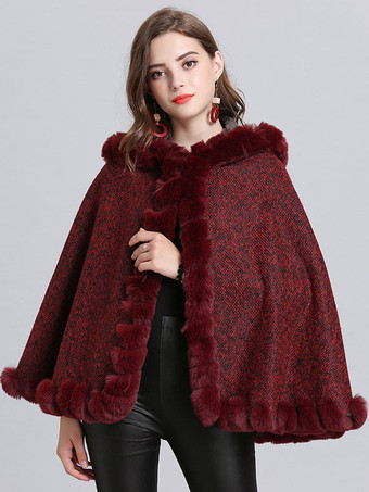 Capispalla invernale da donna con poncho bordeaux con cappuccio e mantello 2024