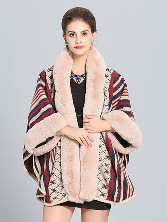 ライト アプリコット女性ポンチョ フード付きケープ コート暖かい冬アウター