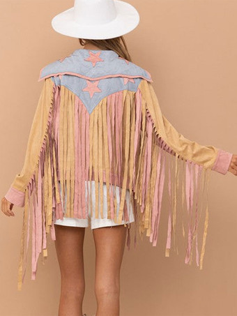 レディース ジャケット ターンダウン カラー フリンジ ジオメトリック PUレザー アウターウェア