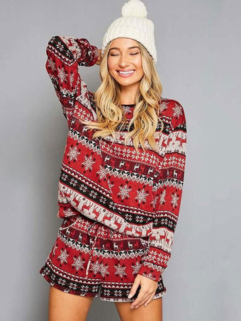 Home Wear 2-teiliger Jewel Neck Long Sleeves Weihnachtsmuster Polyester Lässige Winter Warme Loungewear