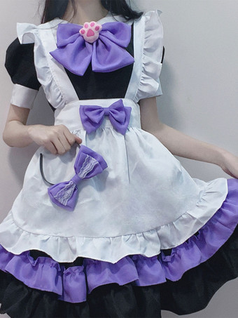 ブラック スイートロリータドレス ポリエステル 半袖 フリル メイド服 ドレス