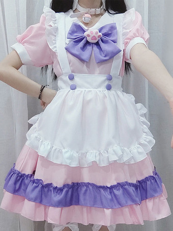 パープル スイートロリータドレス ポリエステル 半袖 フリル メイド服 ドレス