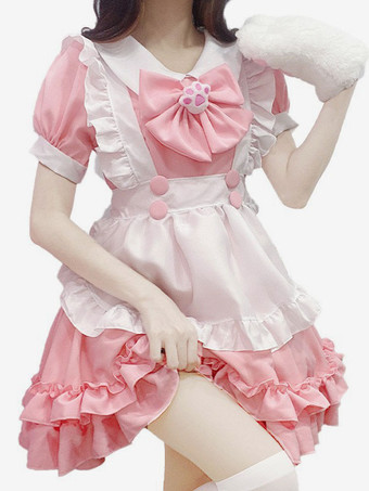 ピンクスイートロリータドレス ポリエステル 半袖 フリル メイド服 ドレス