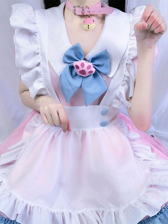 ホワイト スイートロリータドレス ポリエステル 半袖 フリル メイド服 ドレス