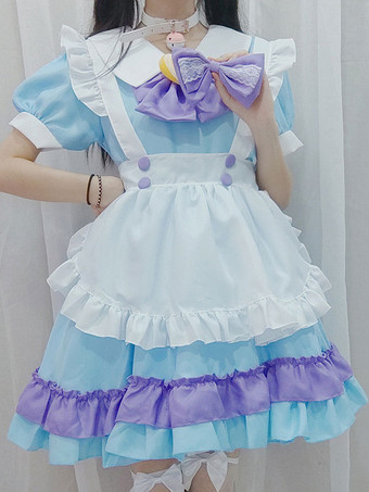 ライトスカイブルースイートロリータドレス ポリエステル 半袖 フリル メイド服 ドレス