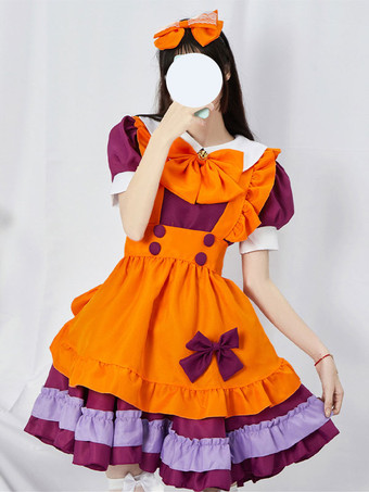 オレンジ スイートロリータドレス ポリエステル 半袖 フリル メイド服 ドレス