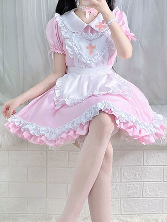 ピンクスウィートロリータドレス ポリエステル 半袖 フリル 甘いクリスマスロリータドレス