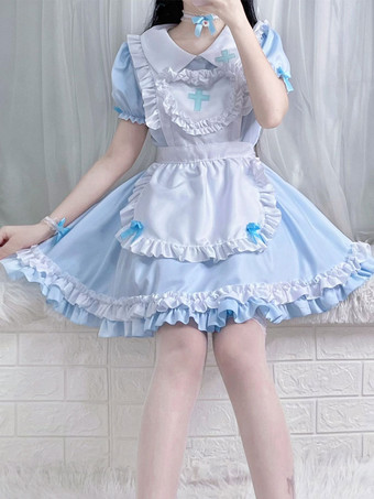 ライトスカイブルースウィートロリータドレス ポリエステル 半袖 フリル 甘いクリスマスロリータドレス