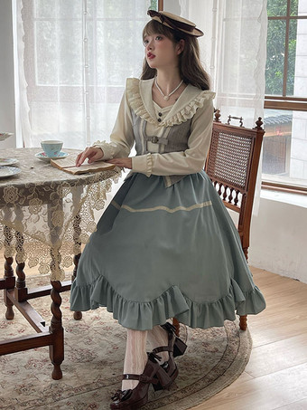 クラシカルロリータドレス ポリエステル フリル 長袖 ロリータドレス クラシック ライトスカイブルー