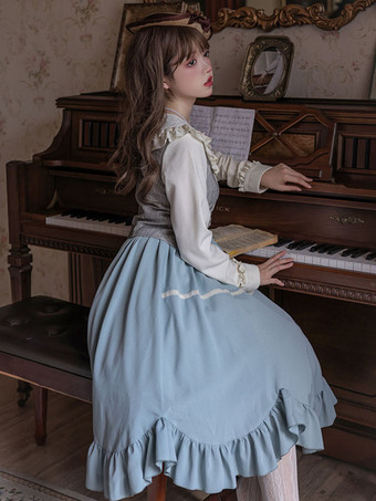 クラシカルロリータドレス ポリエステル フリル 長袖 ロリータドレス クラシック ライトスカイブルー