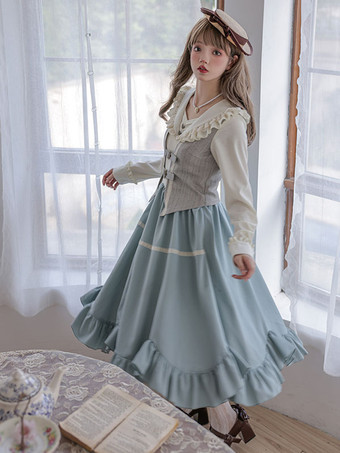 クラシカルロリータドレス ポリエステル フリル 長袖 ロリータドレス クラシック ライトスカイブルー
