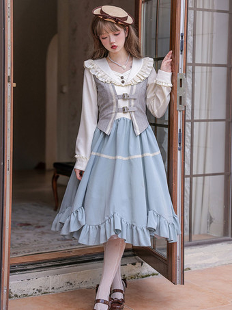 クラシカルロリータドレス ポリエステル フリル 長袖 ロリータドレス クラシック ライトスカイブルー