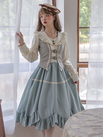 クラシカルロリータドレス ポリエステル フリル 長袖 ロリータドレス クラシック ライトスカイブルー