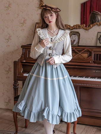 クラシカルロリータドレス ポリエステル フリル 長袖 ロリータドレス クラシック ライトスカイブルー