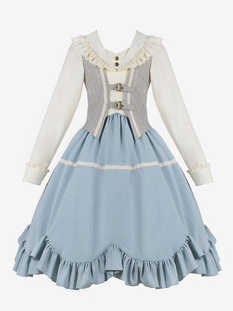 クラシカルロリータドレス ポリエステル フリル 長袖 ロリータドレス クラシック ライトスカイブルー