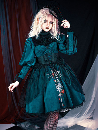 ダークグリーンゴシックロリータドレス 刺繍 レース ダークグリーン ダークグリーン