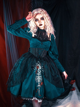 ゴシックロリータドレス 刺繍 レース ダークグリーン ダークグリーン