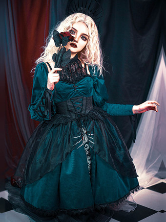 ゴシックロリータドレス 刺繍 レース ダークグリーン ダークグリーン