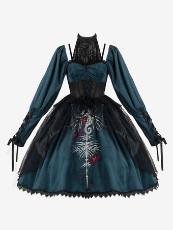 ゴシックロリータドレス 刺繍 レース ダークグリーン ダークグリーン