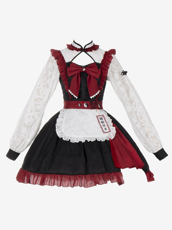 甘いロリータ ドレス フリル 長袖 ポリエステル レッド 3 ピース ロリータ ドレス