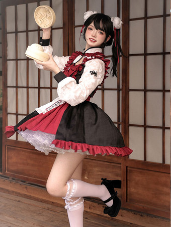 甘いロリータ ドレス フリル 長袖 ポリエステル レッド 3 ピース ロリータ ドレス