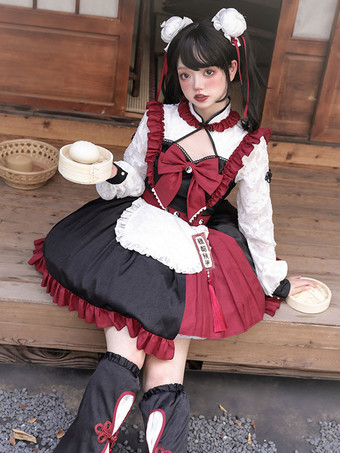 甘いロリータ ドレス フリル 長袖 ポリエステル レッド 3 ピース ロリータ ドレス
