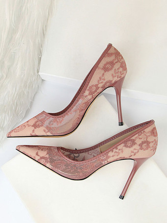 グレープブラック ウェディング シューズ レース ポインテッドトゥ ハイヒール パンプス