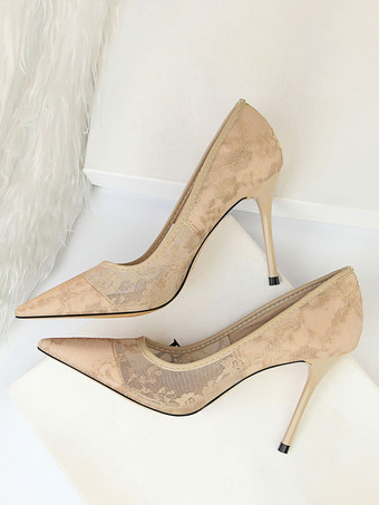 カーキ ブラック ウェディング シューズ レース ポインテッドトゥ ハイヒール パンプス