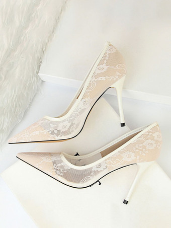 ホワイト ブラック ウェディング シューズ レース ポインテッドトゥ ハイヒール パンプス
