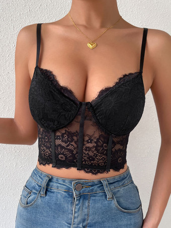 Spaghetti Strap Sweetheart Corset Crop Tops For Woman Sexy Black Bustiers