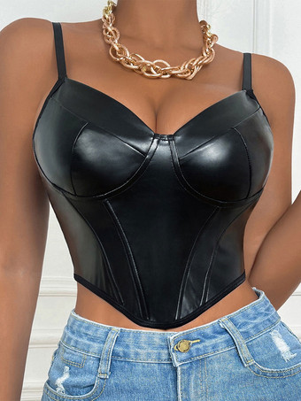 Spaghetti Strap Corset Sweetheart Bustiers Women Bra Black Sexy PU Leather Crop Tops