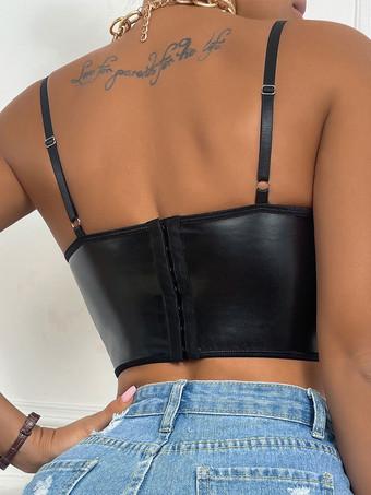 Womens Spaghetti Straps PU Leather Bustier Crop Top Sexy Lingerie