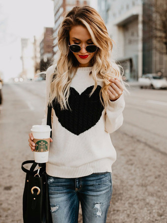 Пуловеры для женщин Экрю Белые цветные блоки Жемчужная шея Длинные рукава Акриловые свитера