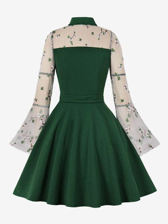 レトロワンピース　1950年代オードリー・ヘップバーン風　長袖　膝丈　ツートン　二次会　お呼ばれ　発表会　ロカビリーワンピース