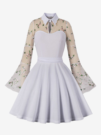 ホワイト レトロワンピース　1950年代オードリー・ヘップバーン風　長袖　膝丈　ツートン　二次会　お呼ばれ　発表会　ロカビリーワンピース