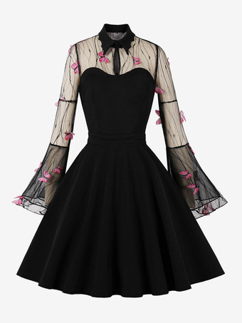 Vintage Dress 1950s Audrey Hepburn Style Long Sleeves Woman's Knee Length Two-Tone Rockabilly Dress