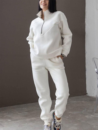 ホワイト パンツセット ブルー カジュアル ストリートウェア ジッパー ポリエステル 2ピース